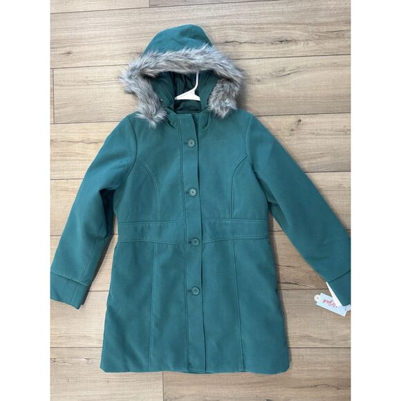 Cat & Jack Other - Cat & Jack Green Coat Button Front Faux Fur Trim Jacket - Girls XXL 16 NWT